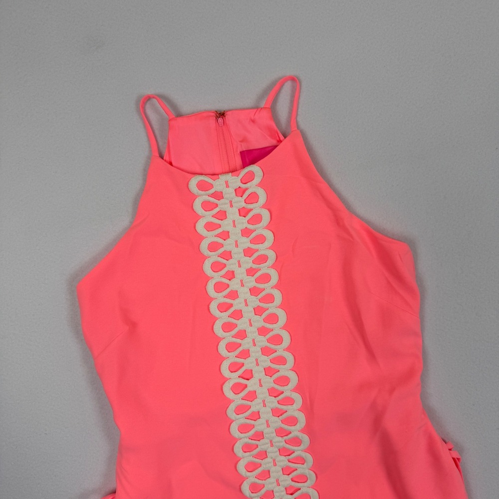 Lilly Pulitzer Neon Pink Halter Romper White Crochet Lattice Detail Size 6